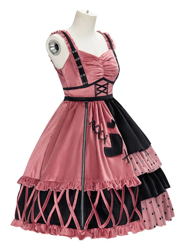Sweet Lolita JSK Dress Watermelon Red Polyester Sleeveless Polka Dot Nets Tiered Lolita Jumper Skirts