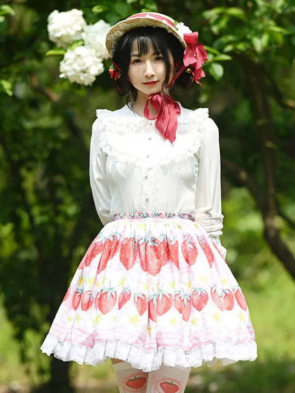 Sweet Lolita Overskirt Lace Pink Fruit Pattern Polyester Daily Casual Tea Party Lolita Skirts