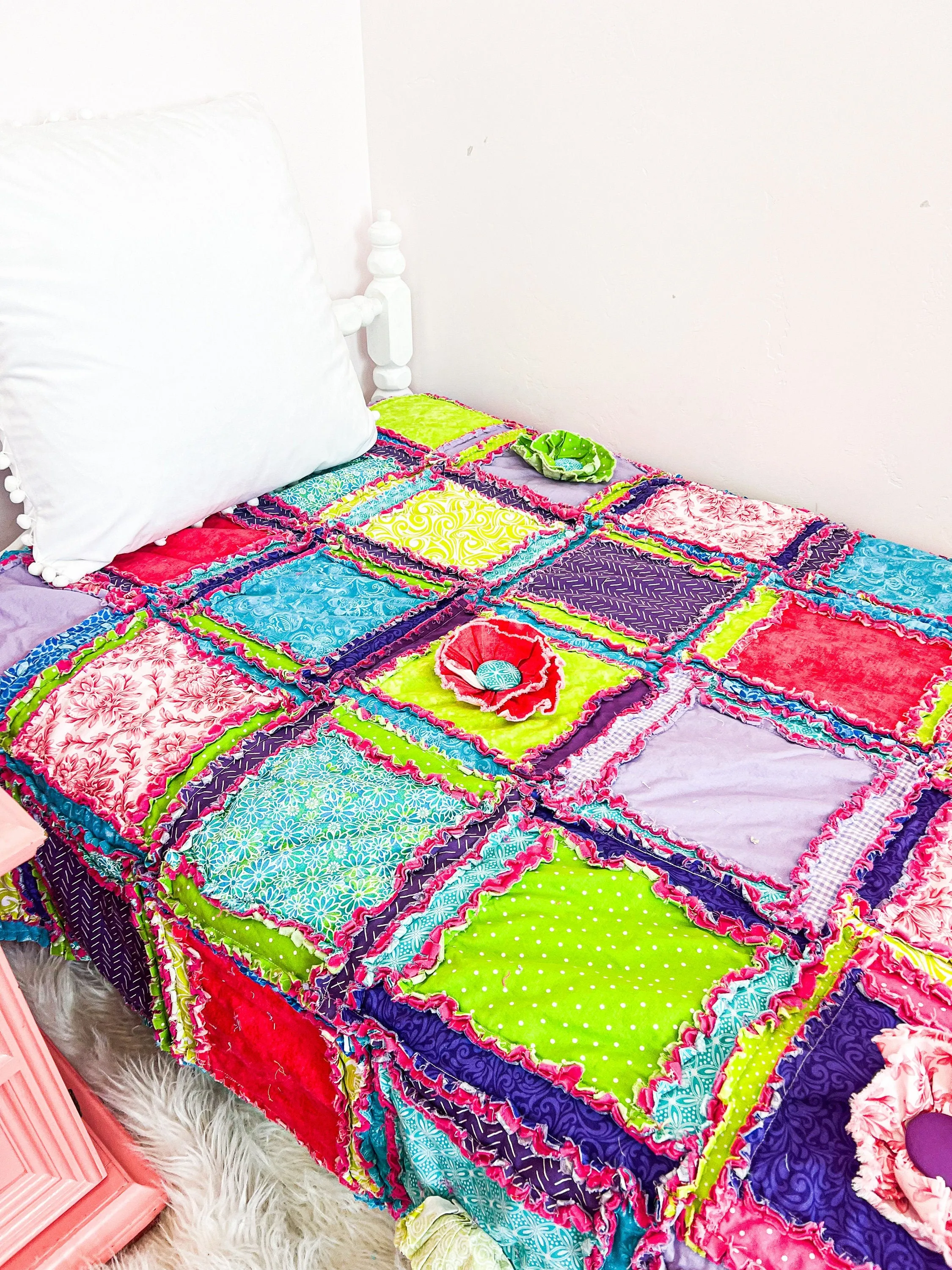 Twin Size Quilt Homemade Quilts for Sale, Teen Girl Room Decor, Pink Bedding Boho Comforter for Girls