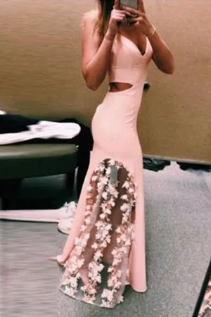 Unique Pink Spaghetti Straps Mermaid Prom Dress with Flowers