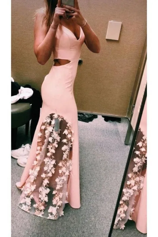 Unique Pink Spaghetti Straps Mermaid Prom Dress with Flowers