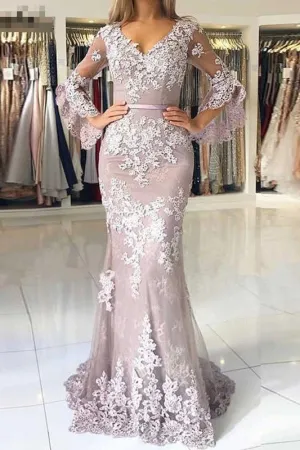 V Neck Long Prom Mermaid Lace Appliqued Evening Dress with Sleeves