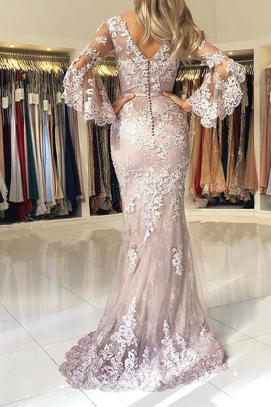V Neck Long Prom Mermaid Lace Appliqued Evening Dress with Sleeves