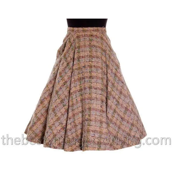 Vintage 1940s Circle Skirt Wool Tweed Pinks Gray Blums-Vogue Adorable Small