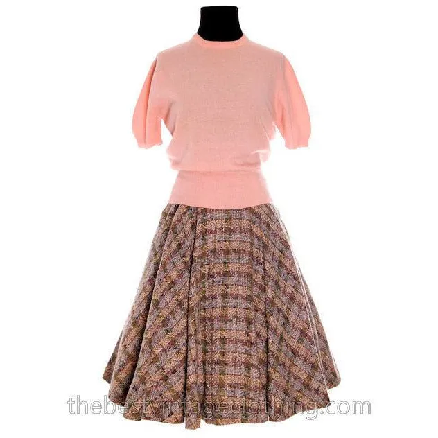 Vintage 1940s Circle Skirt Wool Tweed Pinks Gray Blums-Vogue Adorable Small