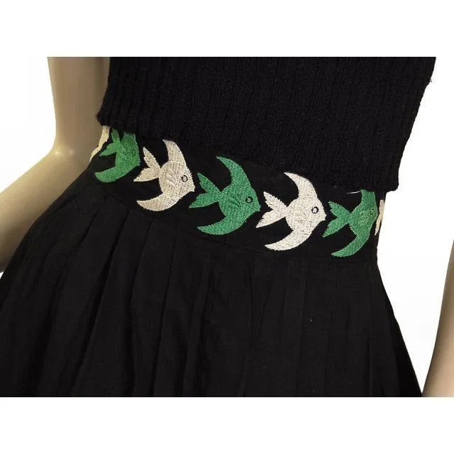 Vintage 1940s Cotton Skirt Black W/Angel Fish Motif 1940S 24 Waist