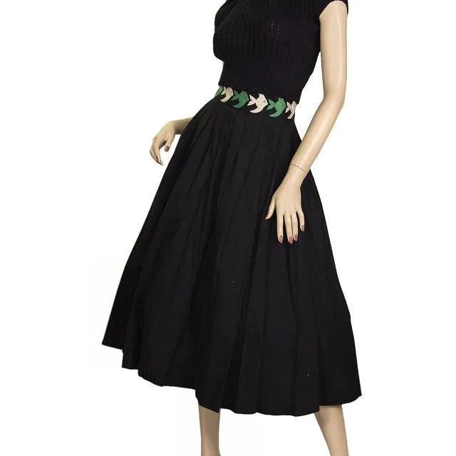 Vintage 1940s Cotton Skirt Black W/Angel Fish Motif 1940S 24 Waist