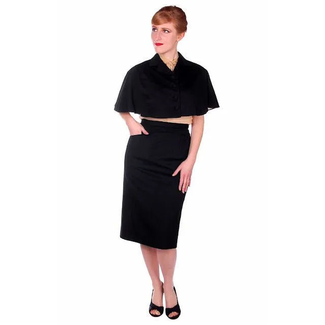 Vintage Black Cape & Pencil Skirt Laurice Keyloun 1950s 26 Waist 37 Hips