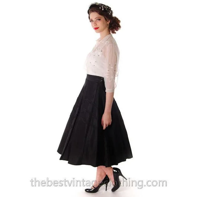 Vintage Black Taffeta Skirt Full Cool Zig Zag Soutache 1940s 27 Waist