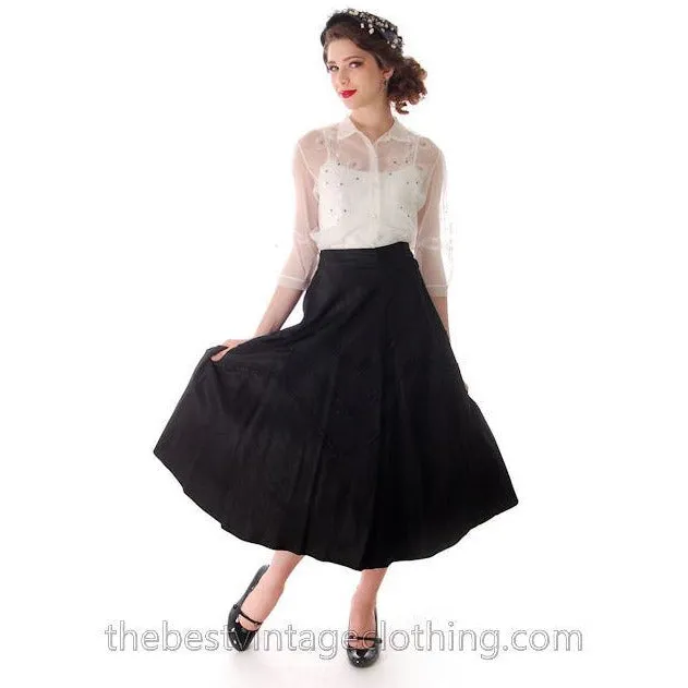 Vintage Black Taffeta Skirt Full Cool Zig Zag Soutache 1940s 27 Waist