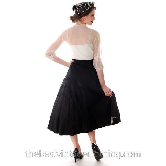 Vintage Black Taffeta Skirt Full Cool Zig Zag Soutache 1940s 27 Waist