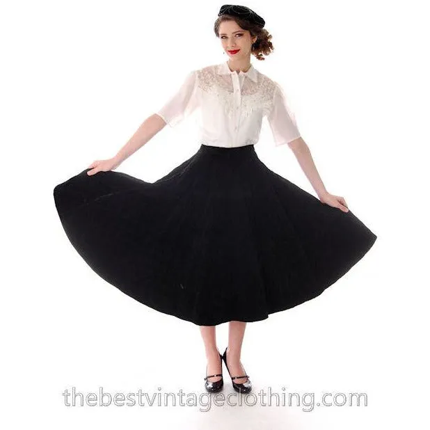 Vintage Circle Skirt Black Velvet Quilted 1950s Campus Casuals 28 Waist