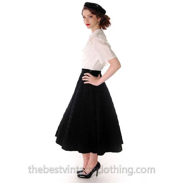 Vintage Circle Skirt Black Velvet Quilted 1950s Campus Casuals 28 Waist