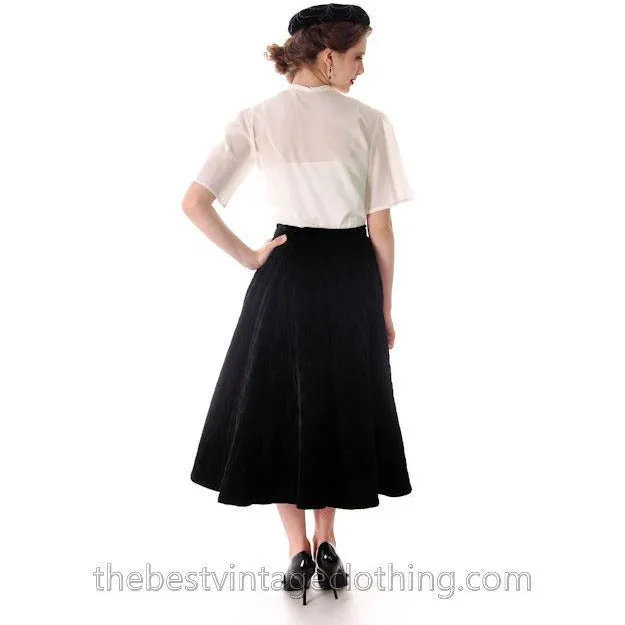 Vintage Circle Skirt Black Velvet Quilted 1950s Campus Casuals 28 Waist