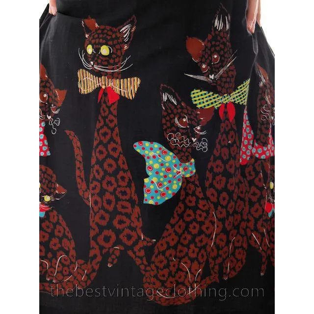 Vintage Cotton Skirt Whimsical Cats In Bowties Border Print 1950s