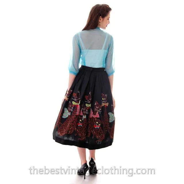 Vintage Cotton Skirt Whimsical Cats In Bowties Border Print 1950s