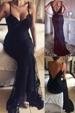 Vintage Mermaid Black Long Beaded Lace Appliques V-Neck Prom Dresses