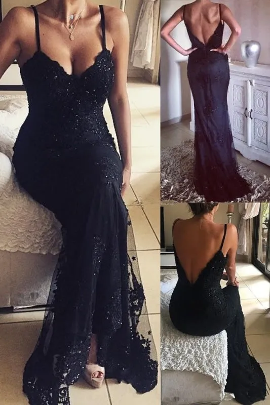 Vintage Mermaid Black Long Beaded Lace Appliques V-Neck Prom Dresses