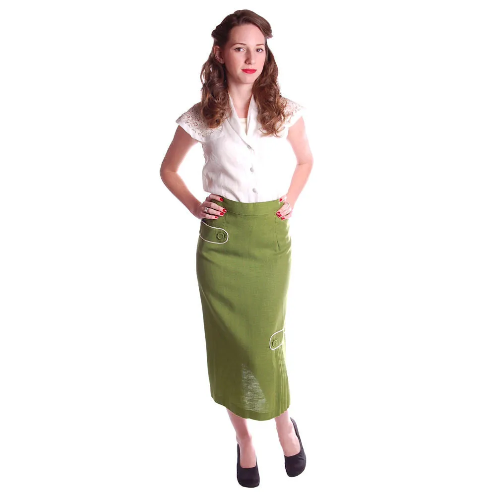 Vintage Pencil Skirt Apple Green Linen  Fab Details 1950S 26 Waist
