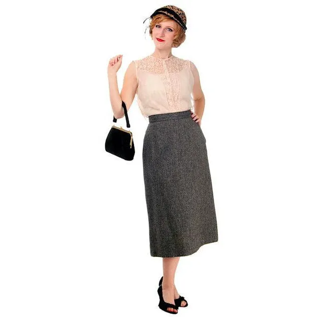 Vintage Pencil Skirt Heathered Charcoal Gray Small Late 1940s