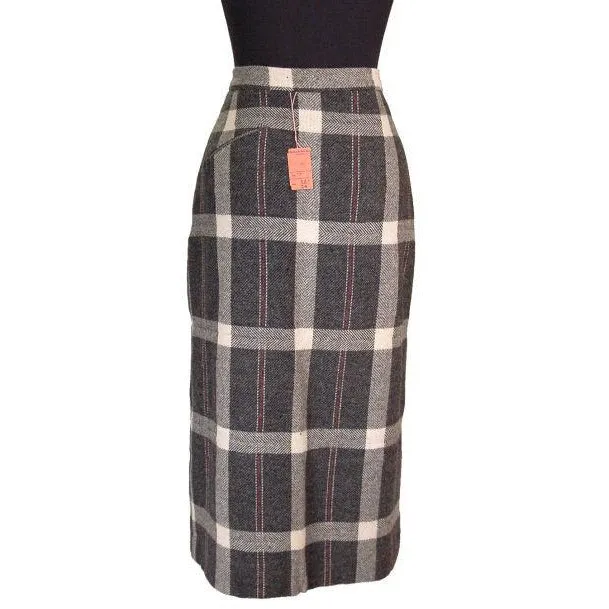 Vintage Retay  Pencil Skirt Wool Wrap  Gray Plaid NOS 1950S 26" Waist Small