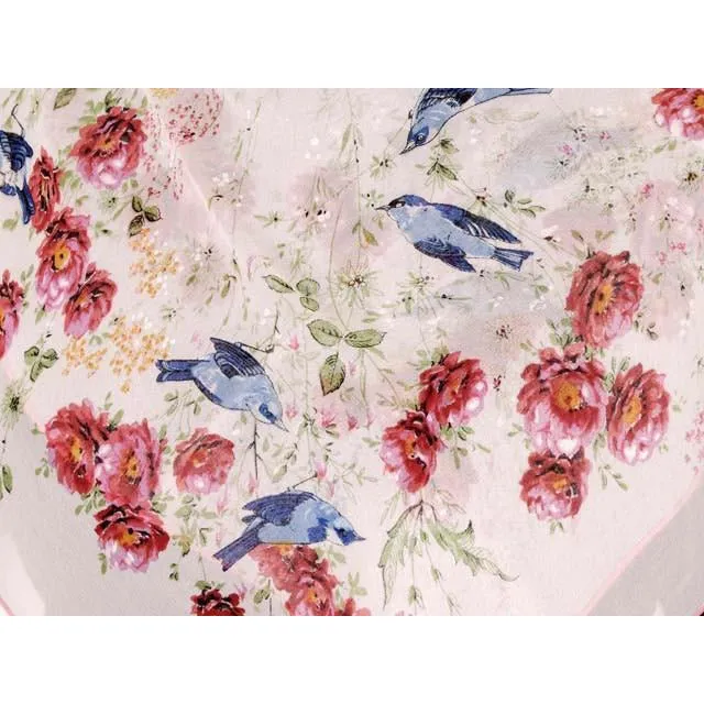 Vintage Scarf Square Ladies Rayon Chiffon Blue Birds of Happiness  Print 1950s 31" Sq.