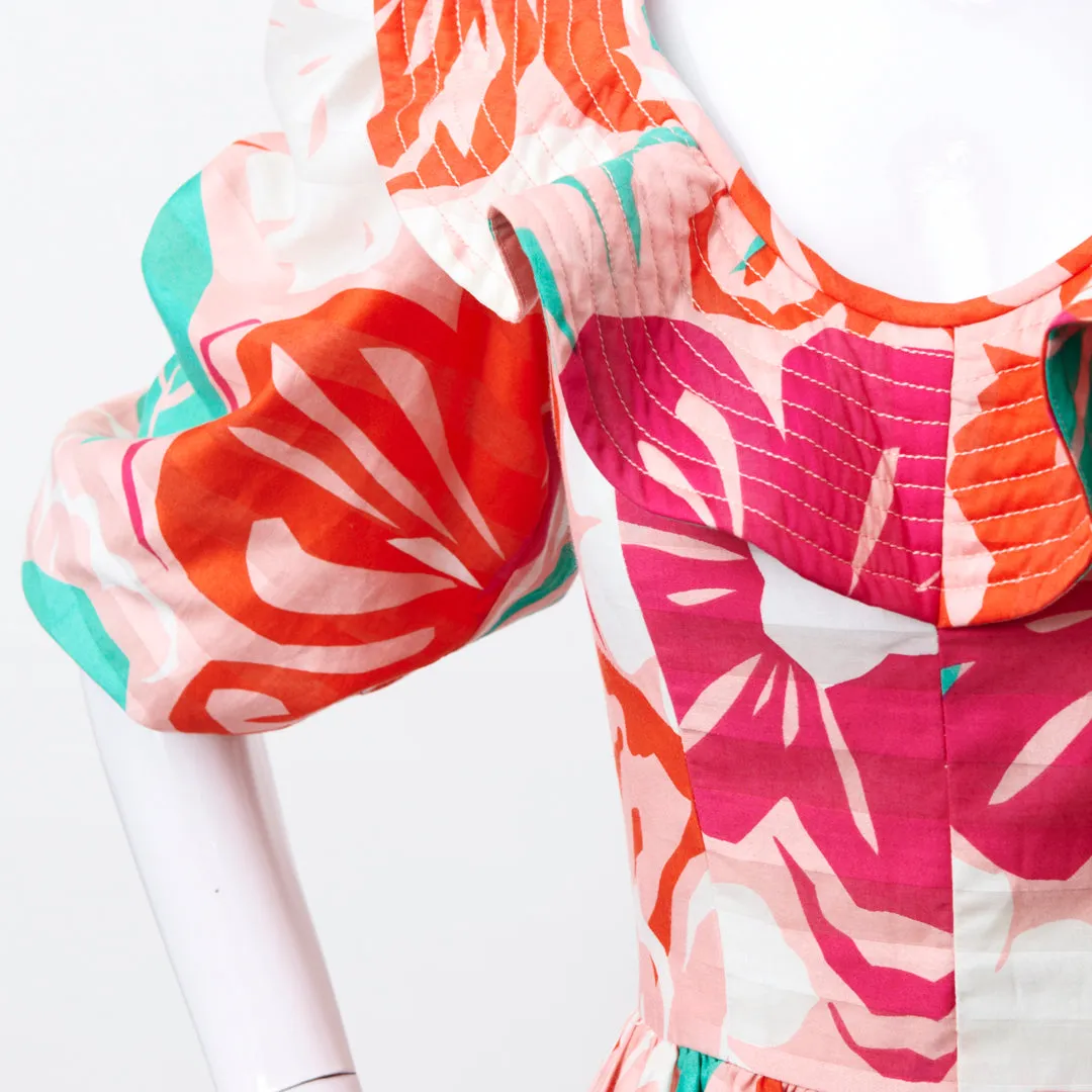 VOLUMINOUS VINTAGE ORANGE PINK DRESS WITH PUFF SLEEVES