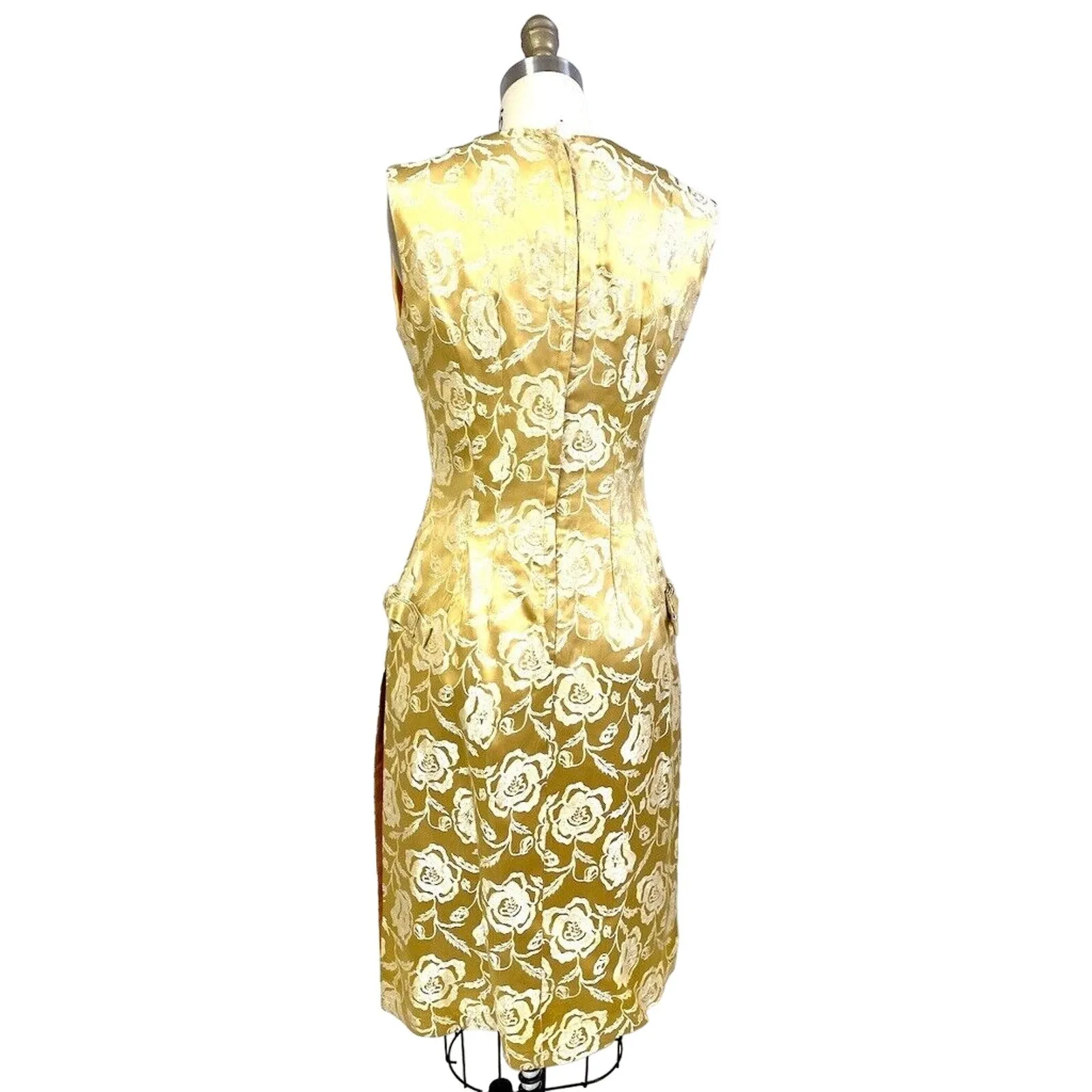 Vtg Chinese Cheongsam Slim Cocktail Dress Gold Damask 36" Bust Womens S/M