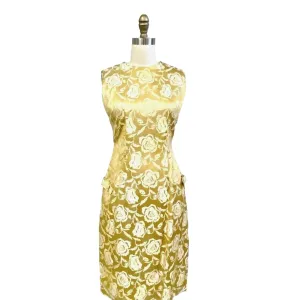 Vtg Chinese Cheongsam Slim Cocktail Dress Gold Damask 36" Bust Womens S/M