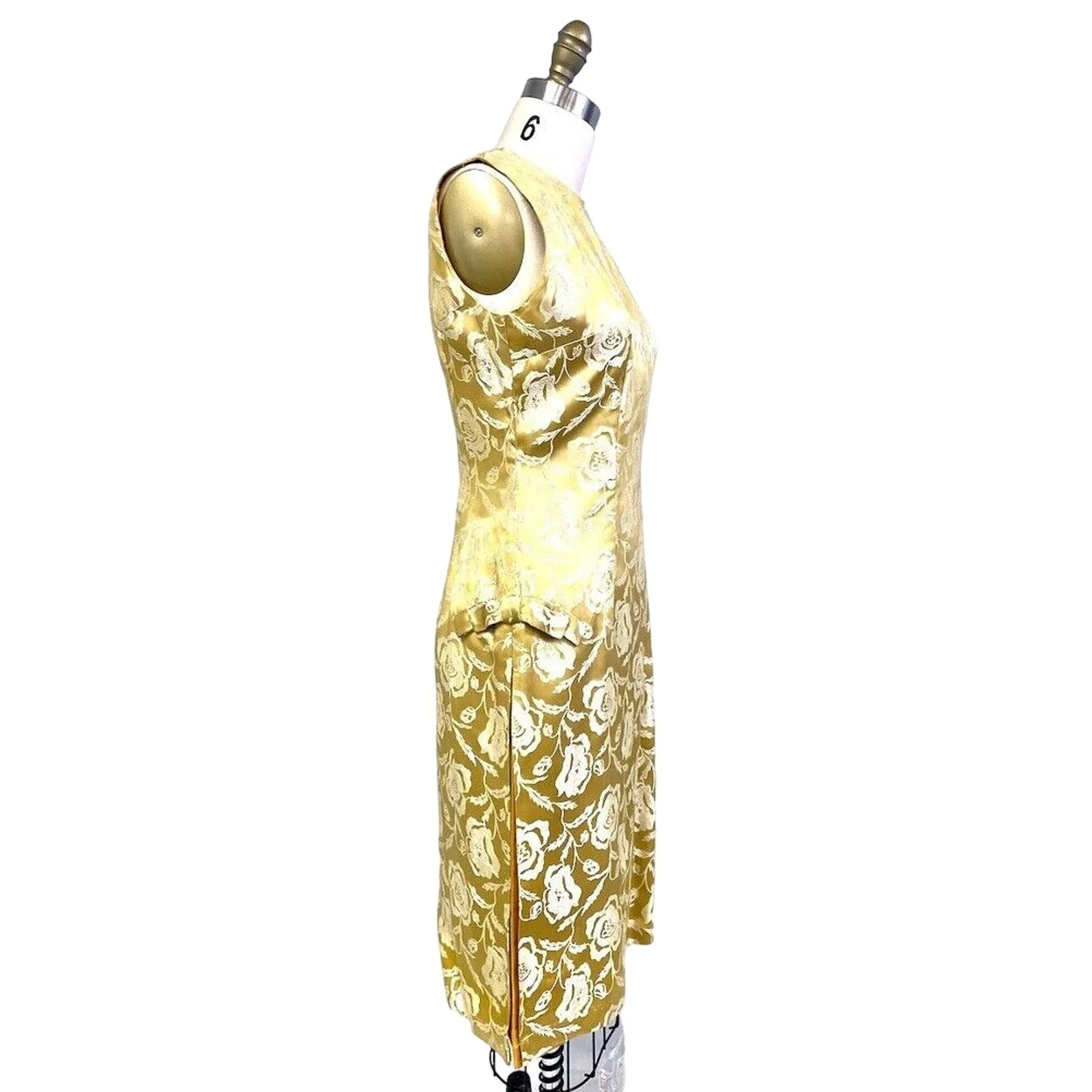 Vtg Chinese Cheongsam Slim Cocktail Dress Gold Damask 36" Bust Womens S/M