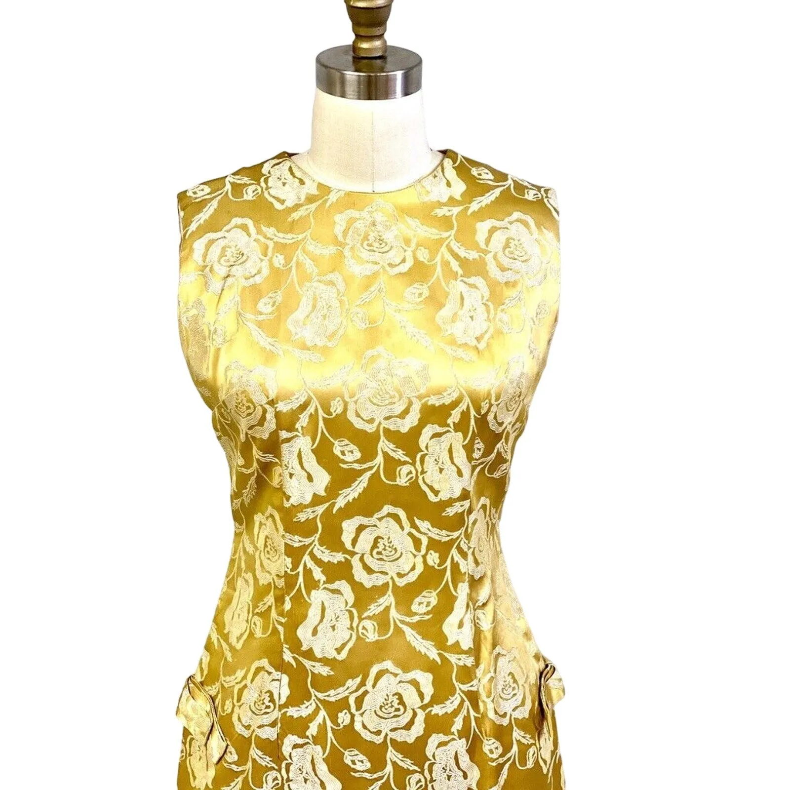 Vtg Chinese Cheongsam Slim Cocktail Dress Gold Damask 36" Bust Womens S/M