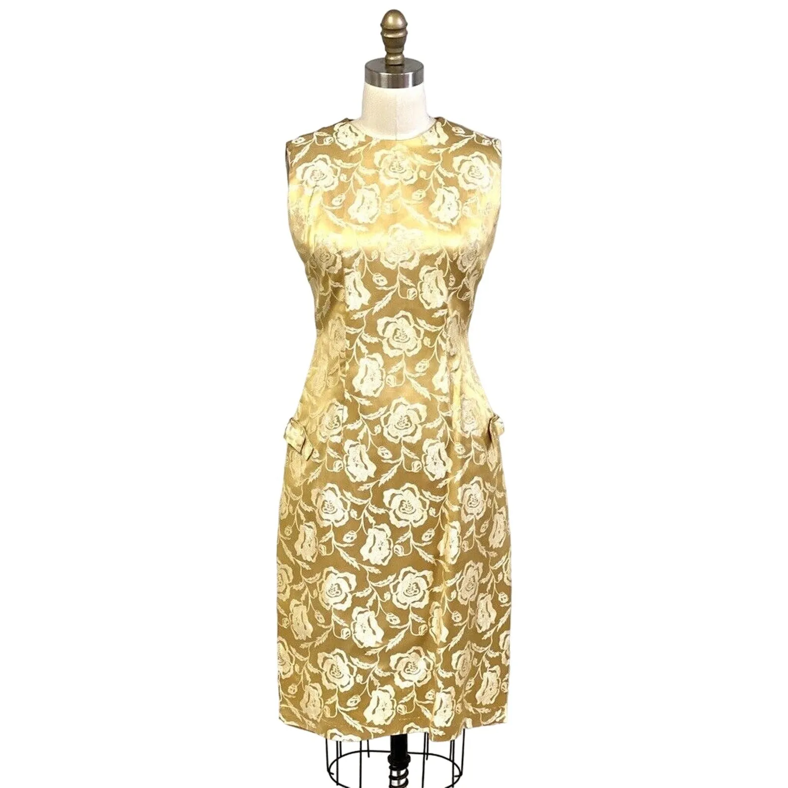 Vtg Chinese Cheongsam Slim Cocktail Dress Gold Damask 36" Bust Womens S/M