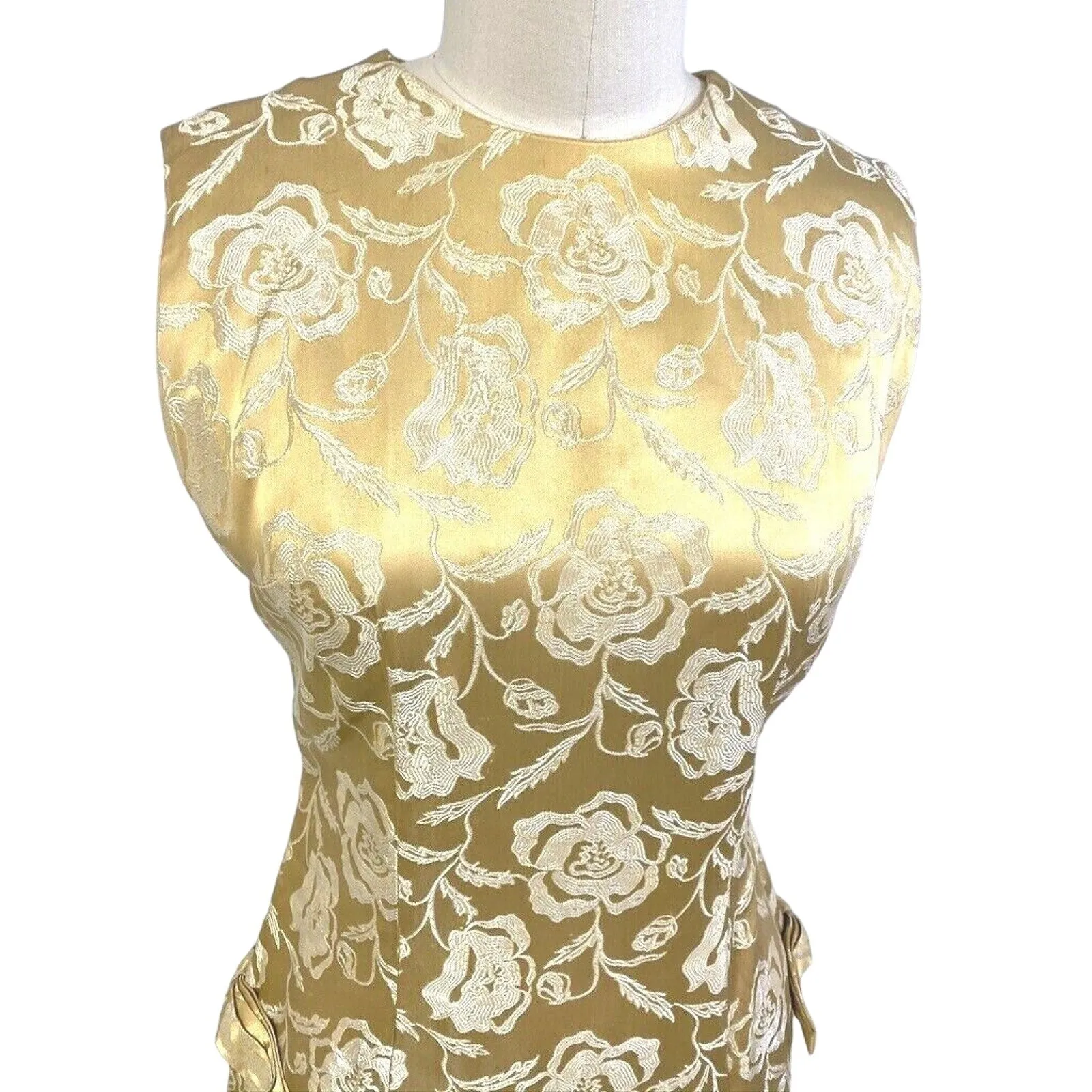 Vtg Chinese Cheongsam Slim Cocktail Dress Gold Damask 36" Bust Womens S/M