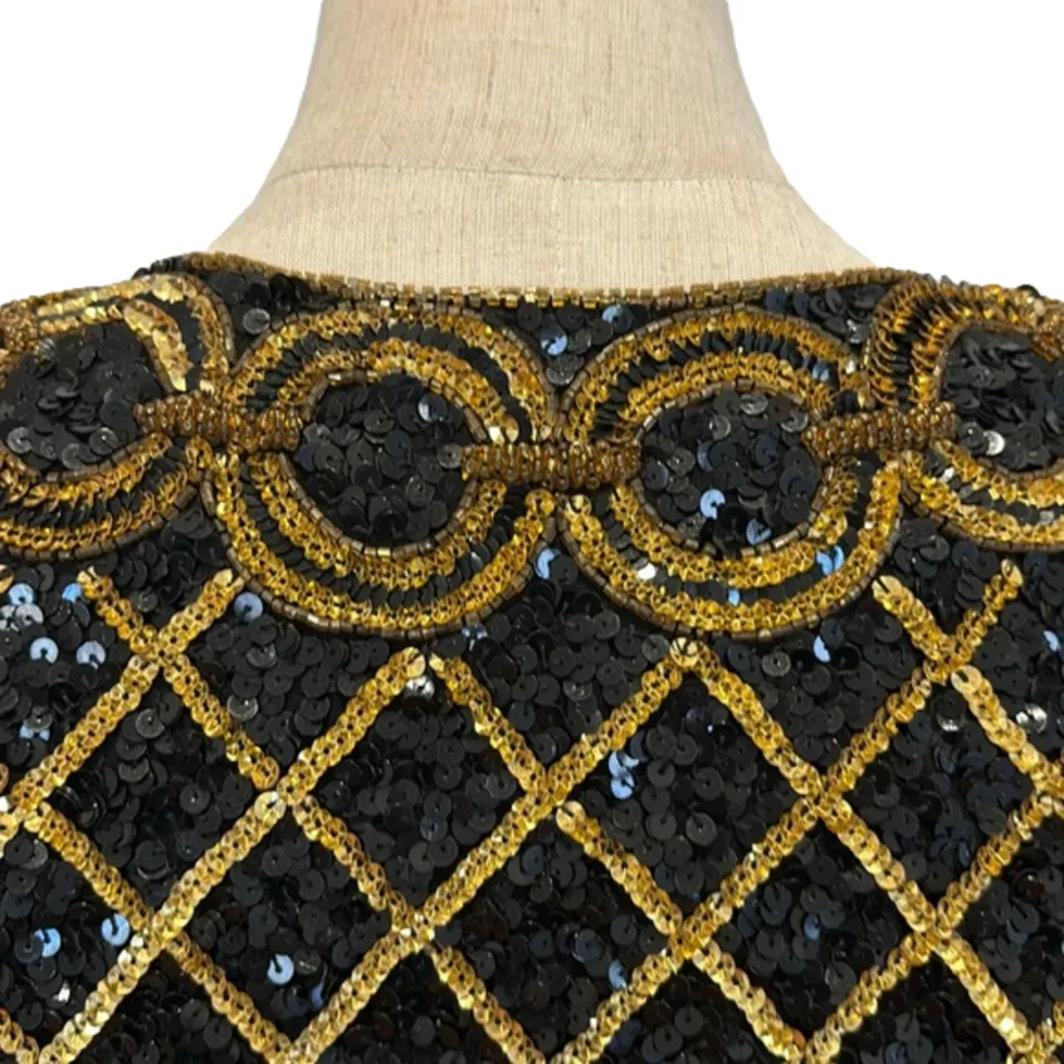 VTG Niteline Women's Silk Sequin Beaded Jacket – Gold & Black, Large