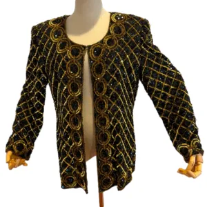 VTG Niteline Women's Silk Sequin Beaded Jacket – Gold & Black, Large