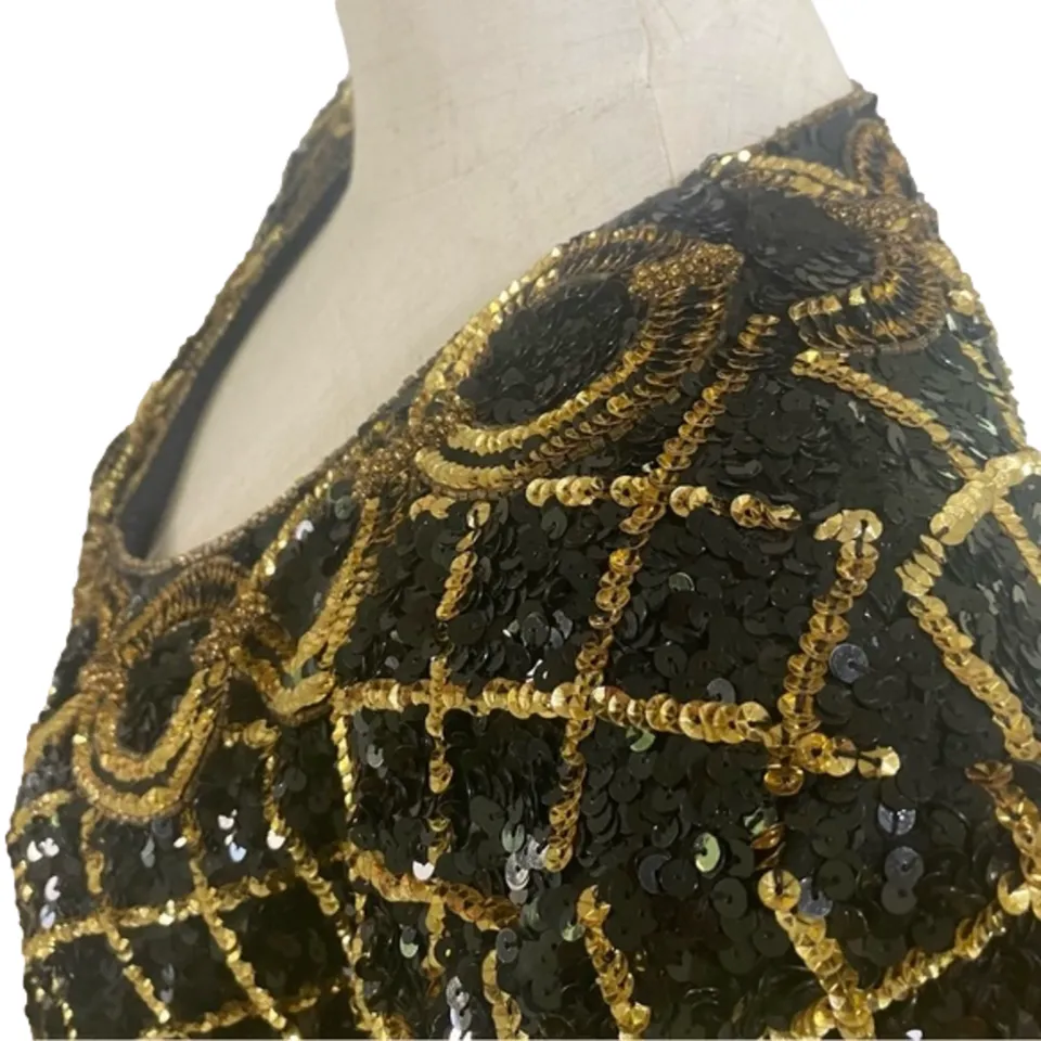VTG Niteline Women's Silk Sequin Beaded Jacket – Gold & Black, Large