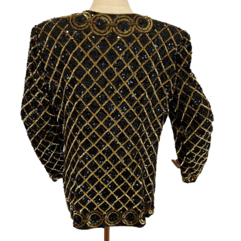 VTG Niteline Women's Silk Sequin Beaded Jacket – Gold & Black, Large