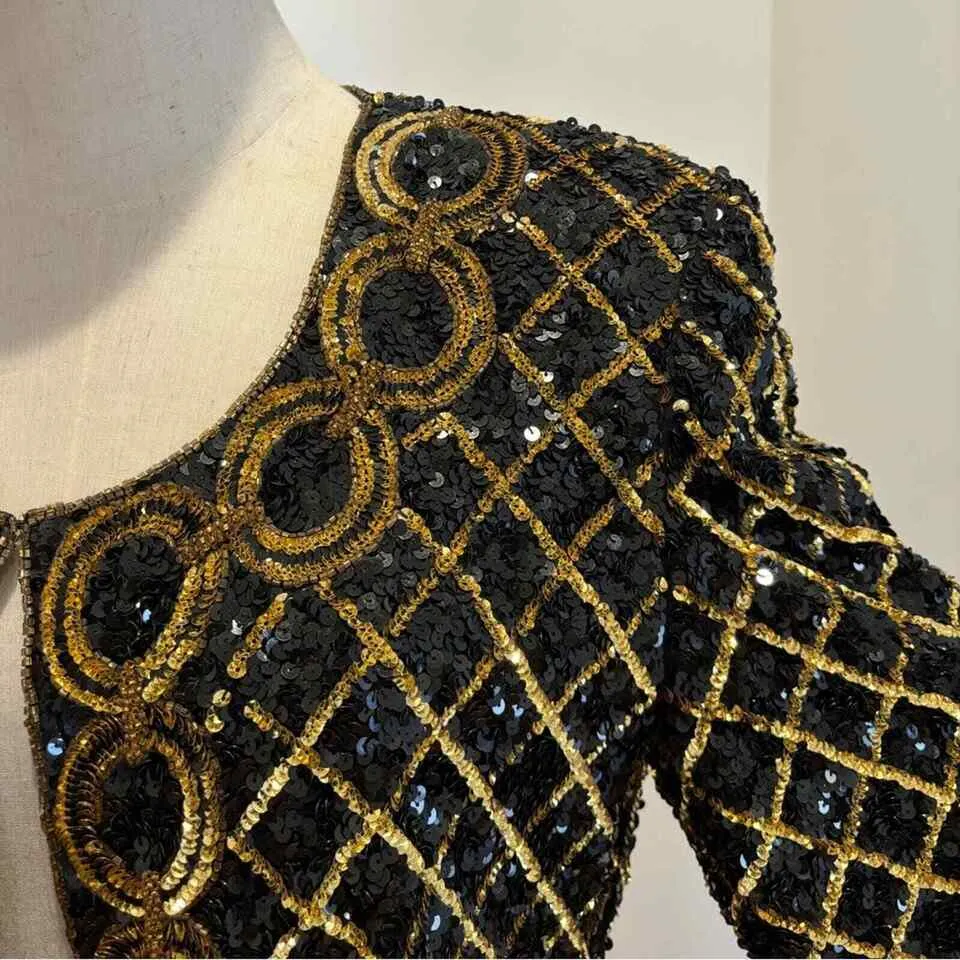 VTG Niteline Women's Silk Sequin Beaded Jacket – Gold & Black, Large