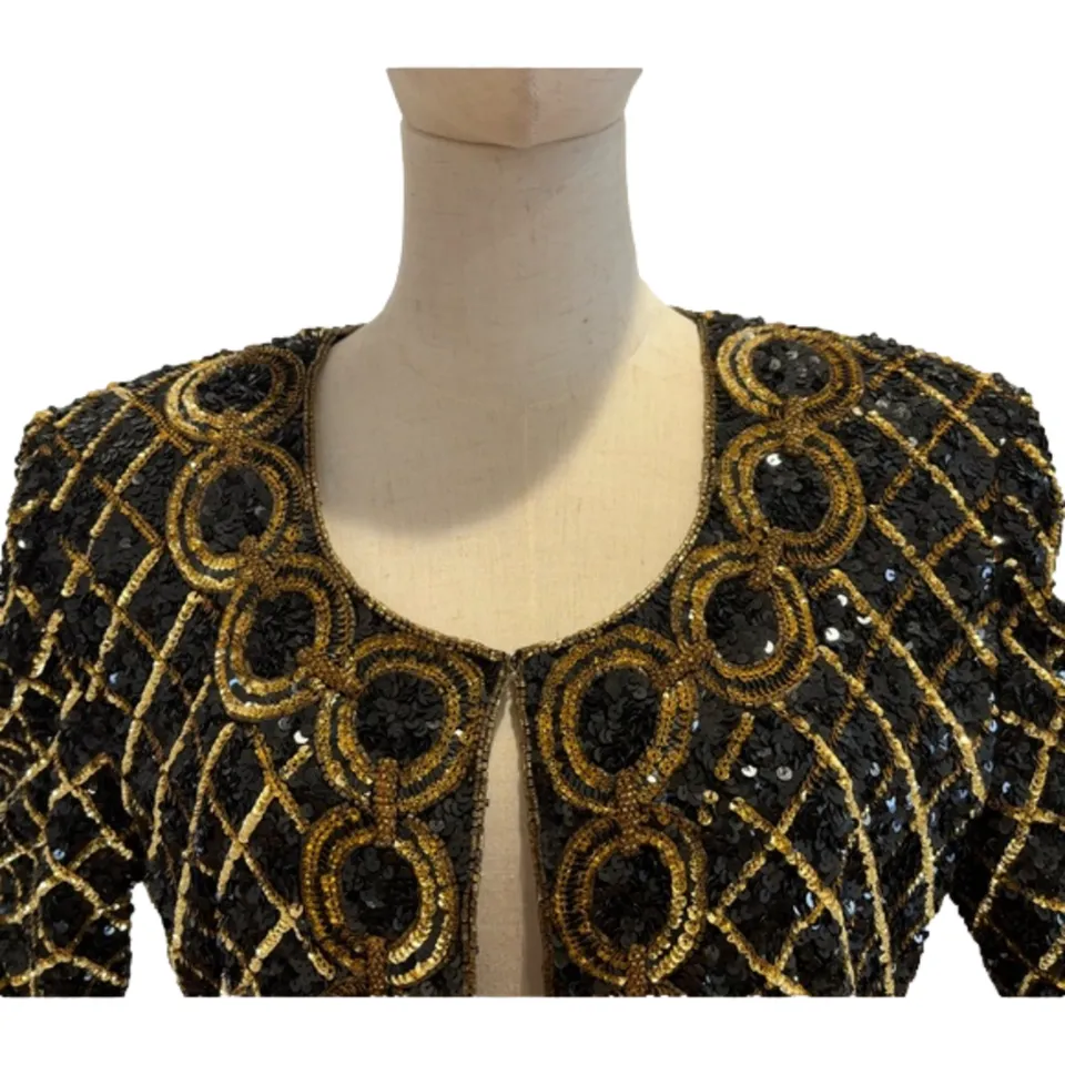 VTG Niteline Women's Silk Sequin Beaded Jacket – Gold & Black, Large