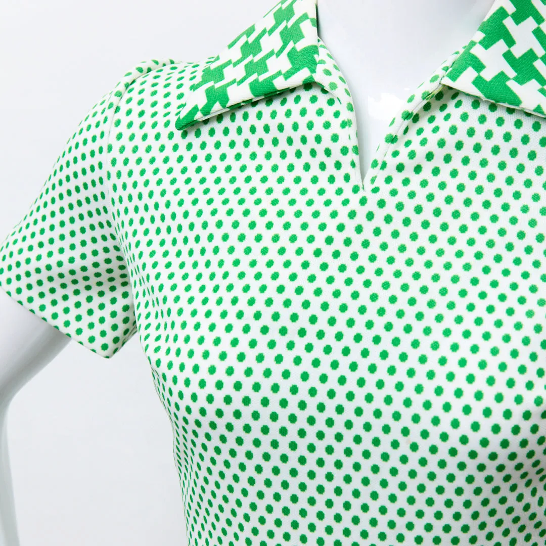WEAR YOUR GREENS 60S POLKA DOTS HERRINGBONE MIXED PRINT DRESS