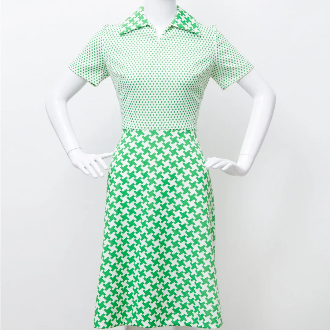 WEAR YOUR GREENS 60S POLKA DOTS HERRINGBONE MIXED PRINT DRESS