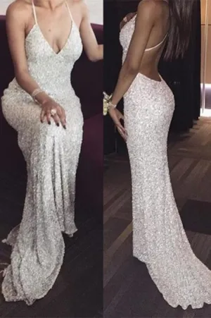 White Deep V neck Spaghetti Straps Sequin Mermaid Long Prom Dresses Sexy Evening Dress