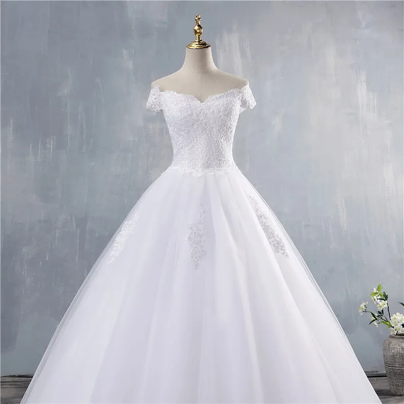White Ivory Lace Appliques Ball Gown Off The Shoulder