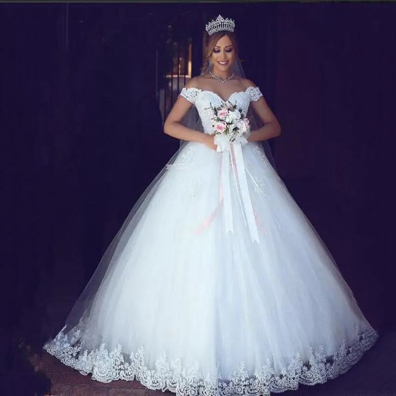 White Ivory Lace Appliques Ball Gown Off The Shoulder