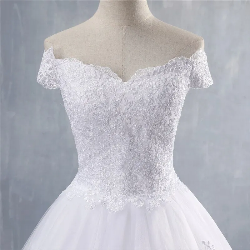 White Ivory Lace Appliques Ball Gown Off The Shoulder