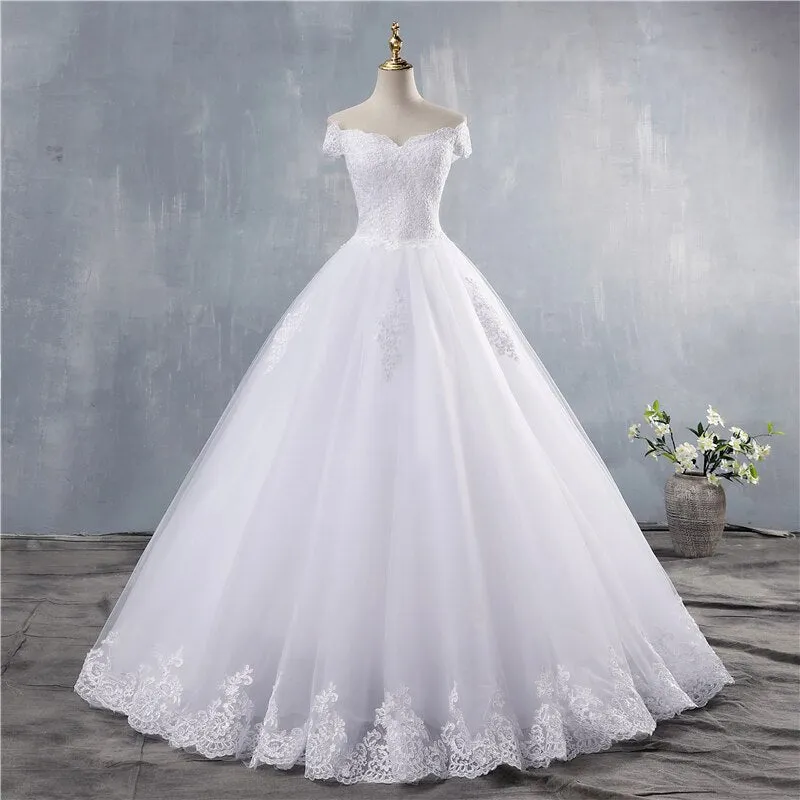 White Ivory Lace Appliques Ball Gown Off The Shoulder