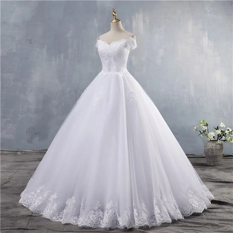White Ivory Lace Appliques Ball Gown Off The Shoulder
