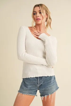 White Lettuce Hem Scoop Neck Long Sleeve Knit Top