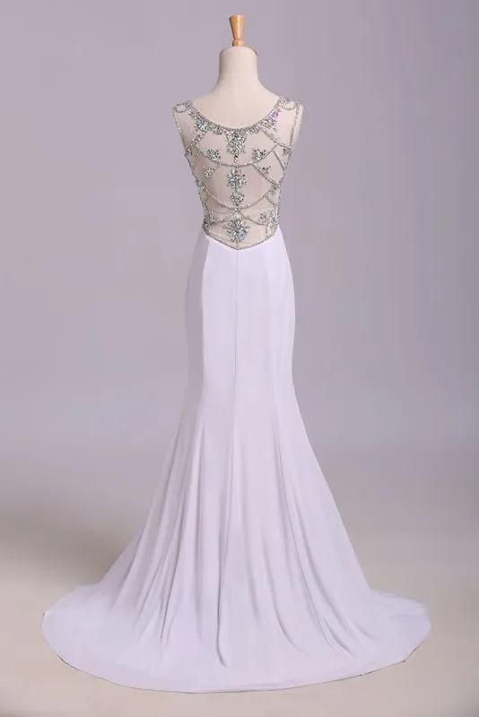 White Mermaid Sleeveless Split Prom Sequins Sweep Train Dress with Rhinestones