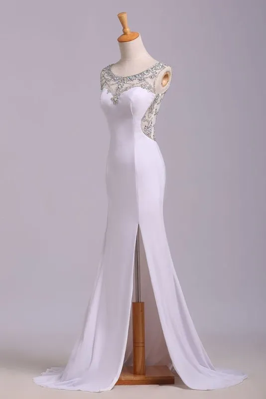 White Mermaid Sleeveless Split Prom Sequins Sweep Train Dress with Rhinestones